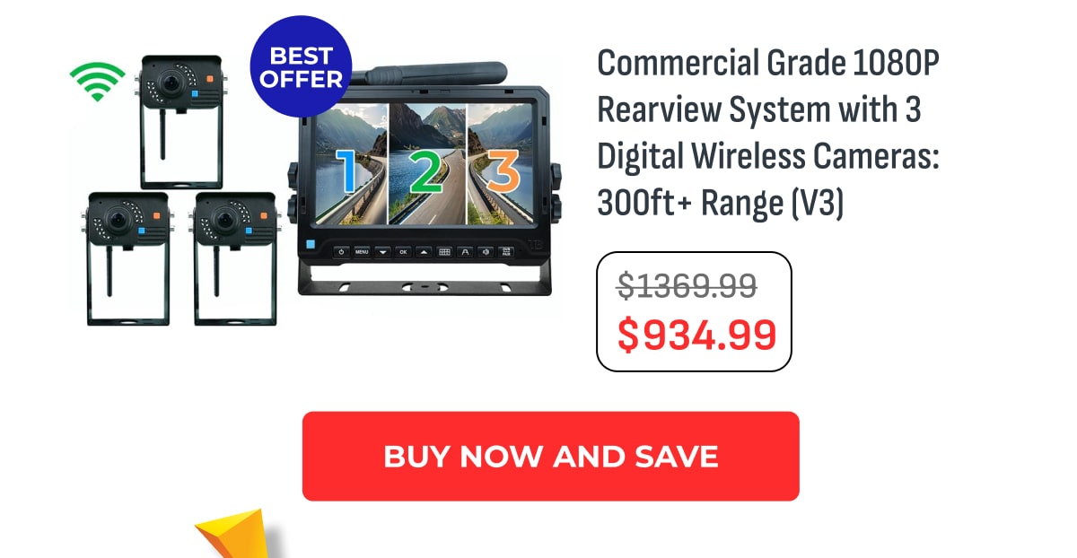 Commercial grade 1080p rearview system with 3 digital wireless cameras